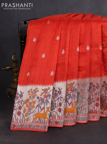 Banarasi raw silk saree orange with silver zari woven buttas and silver zari woven border