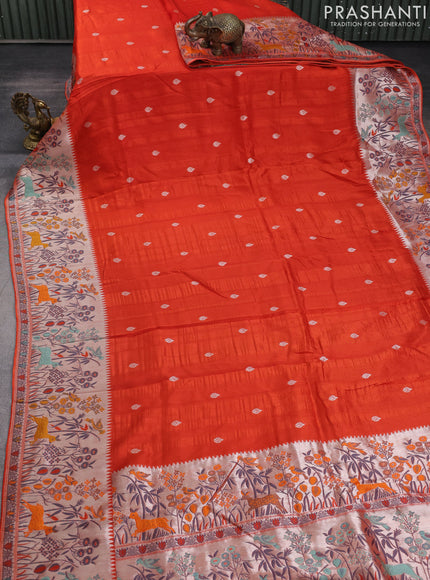 Banarasi raw silk saree orange with silver zari woven buttas and silver zari woven border
