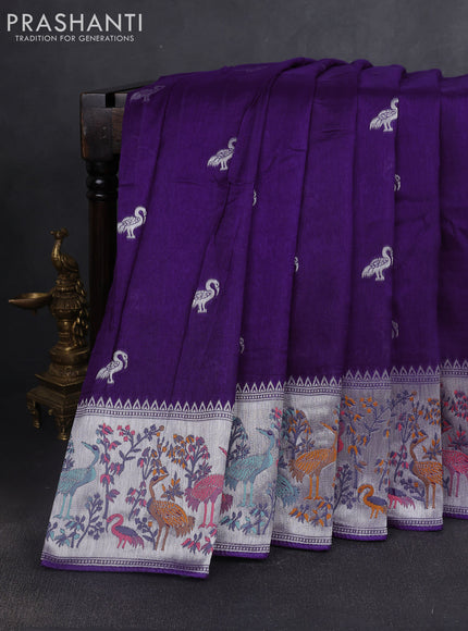 Banarasi raw silk saree violet with silver zari woven buttas and silver zari woven border