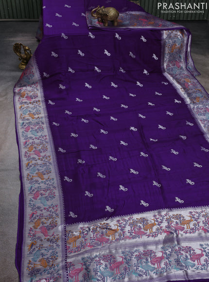 Banarasi raw silk saree violet with silver zari woven buttas and silver zari woven border