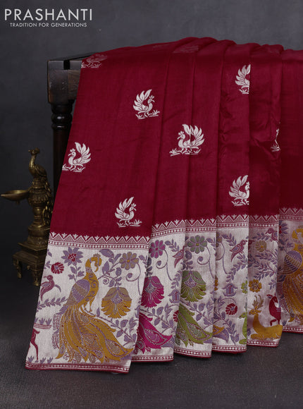 Pure dupion silk saree green and beige with plain body and madhubani printed pallu