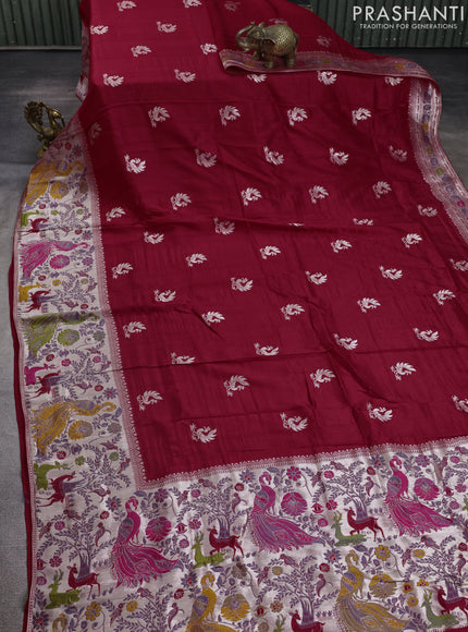 Banarasi raw silk saree red with silver zari woven peacock buttas and thread & silver zari woven border