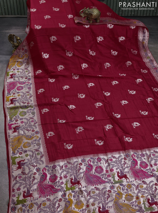 Pure dupion silk saree green and beige with plain body and madhubani printed pallu