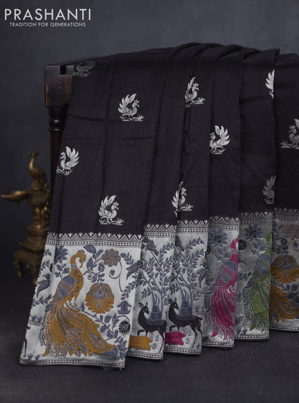 Banarasi raw silk saree black with silver zari woven peacock buttas and thread & silver zari woven border