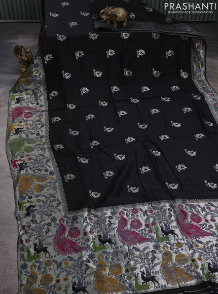 Banarasi raw silk saree black with silver zari woven peacock buttas and thread & silver zari woven border