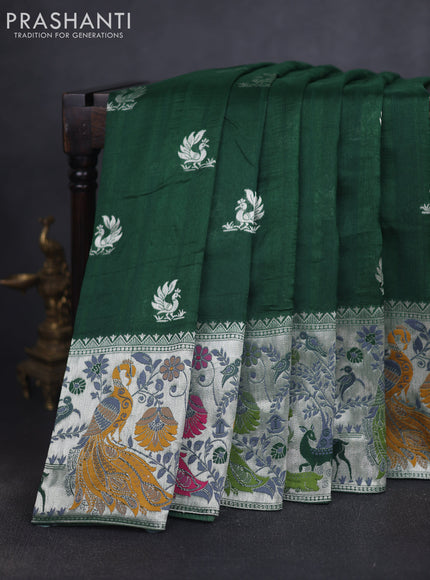 Banarasi raw silk saree green with silver zari woven peacock buttas and thread & silver zari woven border