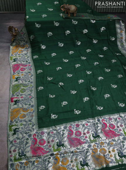 Banarasi raw silk saree green with silver zari woven peacock buttas and thread & silver zari woven border