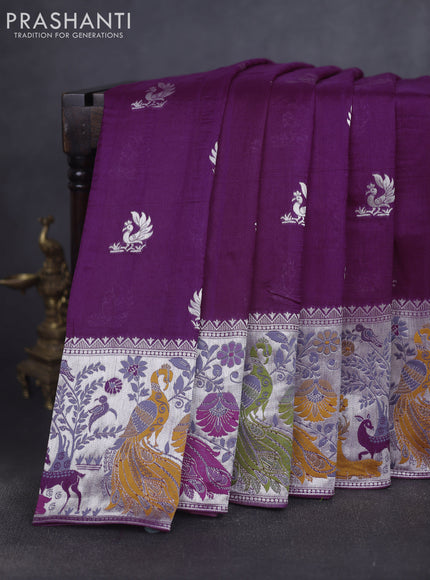 Banarasi raw silk saree wine shade with silver zari woven peacock buttas and thread & silver zari woven border