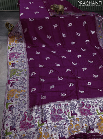 Banarasi raw silk saree wine shade with silver zari woven peacock buttas and thread & silver zari woven border