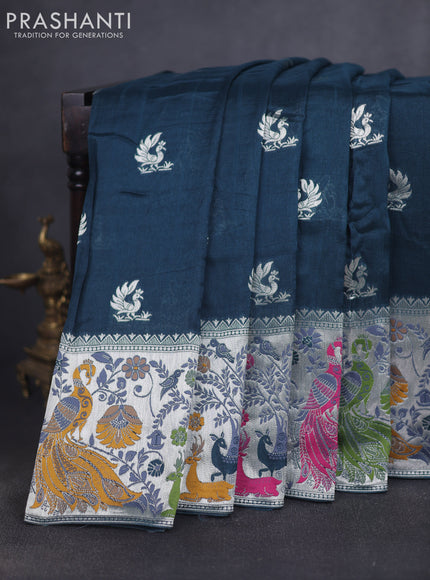 Banarasi raw silk saree peacock green with silver zari woven peacock buttas and thread & silver zari woven border