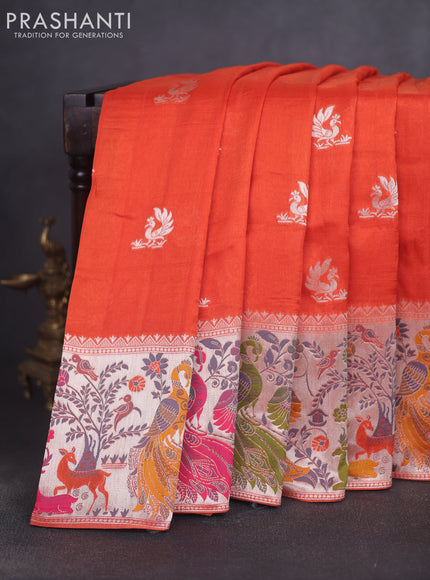 Banarasi raw silk saree orange with zari woven peacock buttas and thread & zari woven border