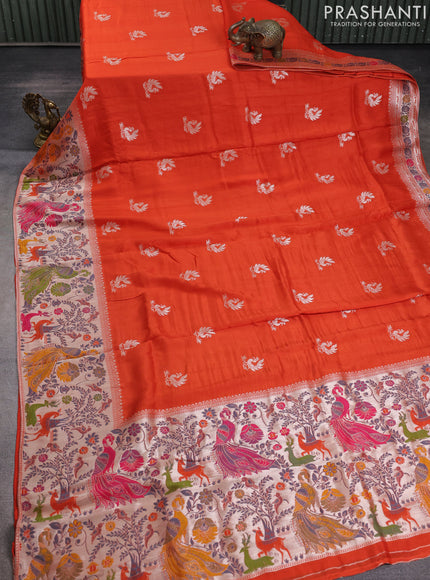 Banarasi raw silk saree orange with zari woven peacock buttas and thread & zari woven border
