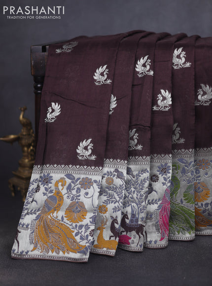 Banarasi raw silk saree coffee brown with silver zari woven peacock buttas and thread & silver zari woven border