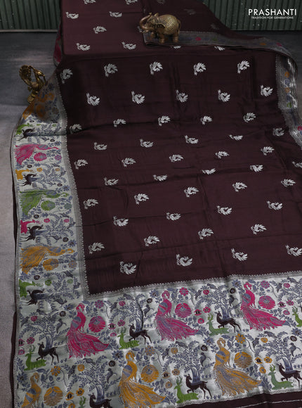 Banarasi raw silk saree coffee brown with silver zari woven peacock buttas and thread & silver zari woven border