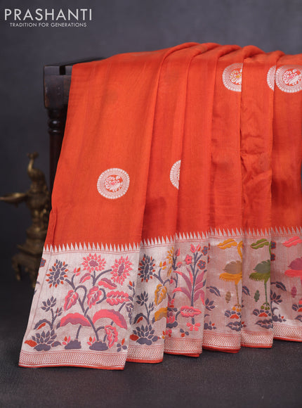 Banarasi raw silk saree orange with silver zari woven peacock buttas and thread & silver zari woven border