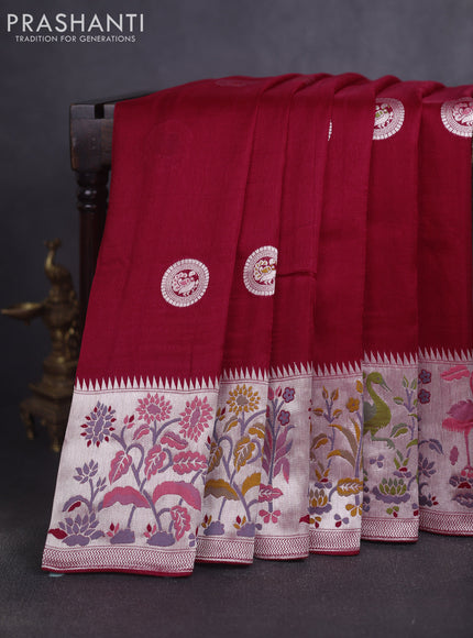 Banarasi raw silk saree red with silver zari woven peacock buttas and thread & silver zari woven border