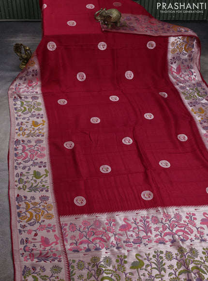 Banarasi raw silk saree red with silver zari woven peacock buttas and thread & silver zari woven border