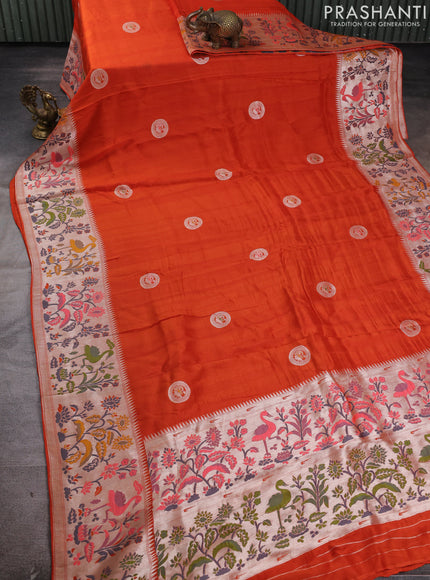 Banarasi raw silk saree orange with silver zari woven peacock buttas and thread & silver zari woven border