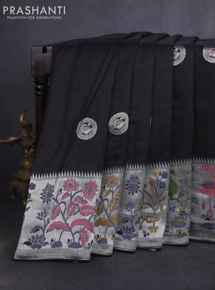 Banarasi raw silk saree black with silver zari woven peacock buttas and thread & silver zari woven border