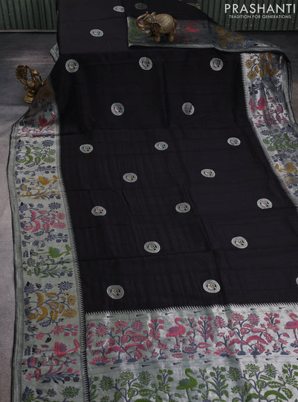 Banarasi raw silk saree black with silver zari woven peacock buttas and thread & silver zari woven border