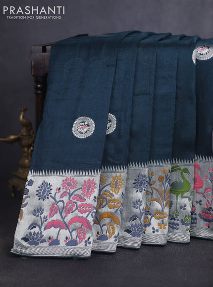Banarasi raw silk saree peacock green with silver zari woven peacock buttas and thread & silver zari woven border