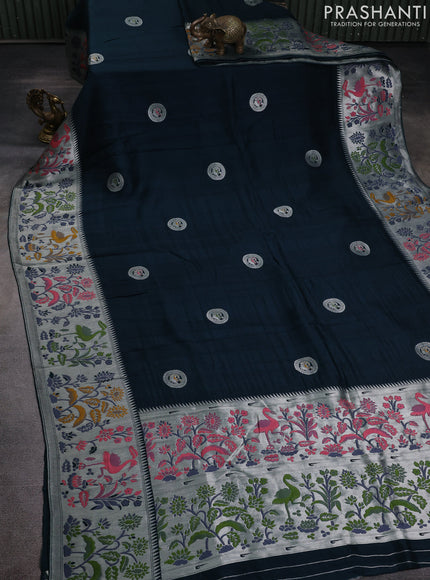 Banarasi raw silk saree peacock green with silver zari woven peacock buttas and thread & silver zari woven border