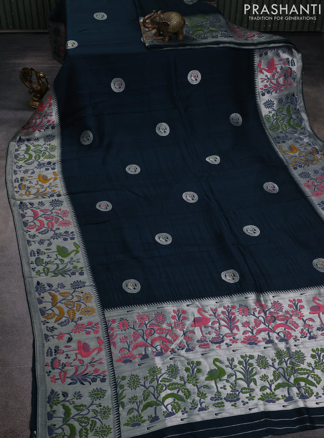 Banarasi raw silk saree peacock green with silver zari woven peacock buttas and thread & silver zari woven border