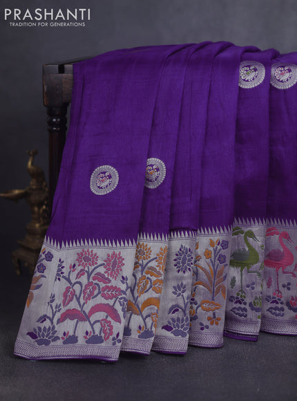 Banarasi raw silk saree violet with silver zari woven peacock buttas and thread & silver zari woven border