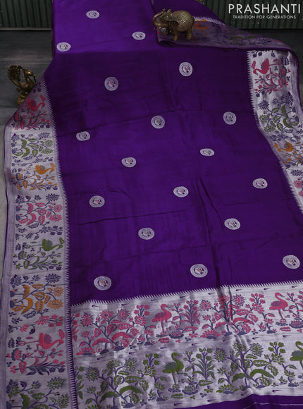 Banarasi raw silk saree violet with silver zari woven peacock buttas and thread & silver zari woven border