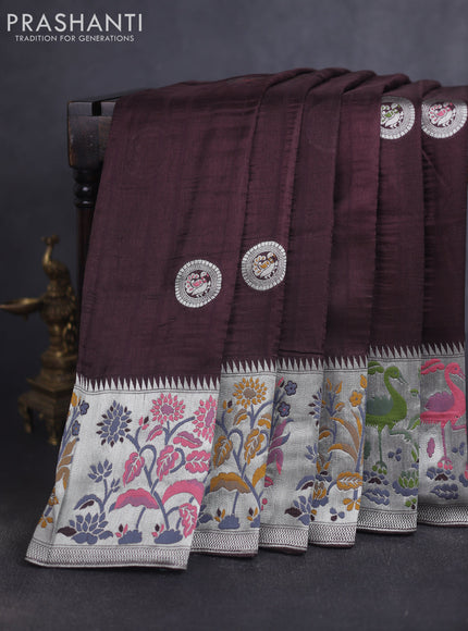 Banarasi raw silk saree coffee brown with silver zari woven peacock buttas and thread & silver zari woven border