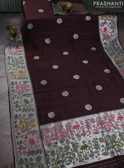 Banarasi raw silk saree coffee brown with silver zari woven peacock buttas and thread & silver zari woven border