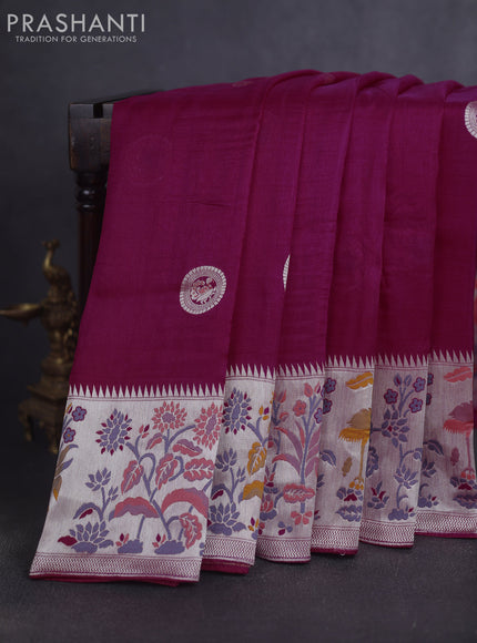 Banarasi raw silk saree pink with silver zari woven peacock buttas and thread & silver zari woven border