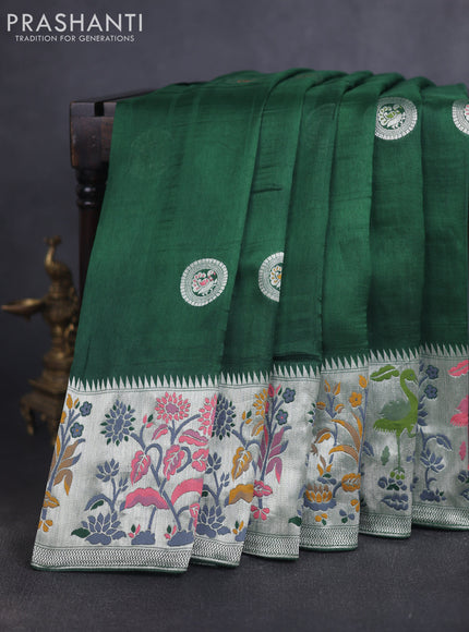 Banarasi raw silk saree bottle green with silver zari woven peacock buttas and thread & silver zari woven border