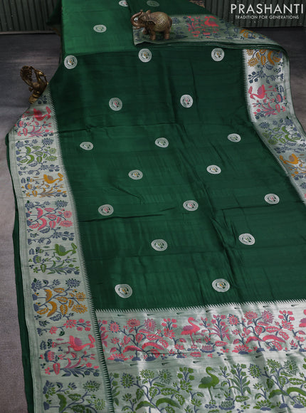 Banarasi raw silk saree bottle green with silver zari woven peacock buttas and thread & silver zari woven border