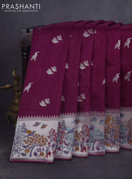 Banarasi raw silk saree purple with silver zari woven buttas and silver zari woven border