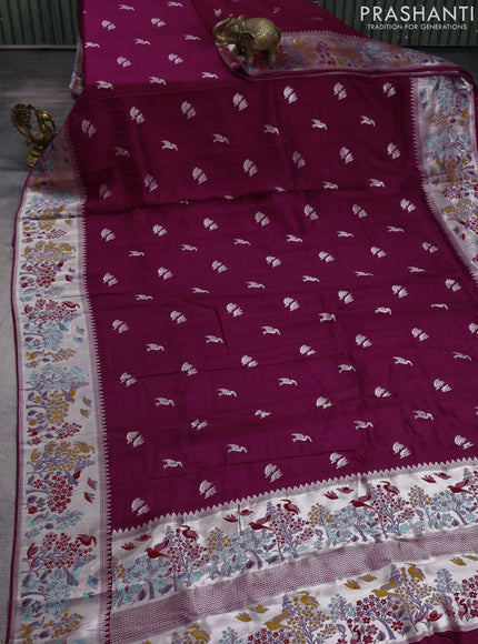 Banarasi raw silk saree purple with silver zari woven buttas and silver zari woven border