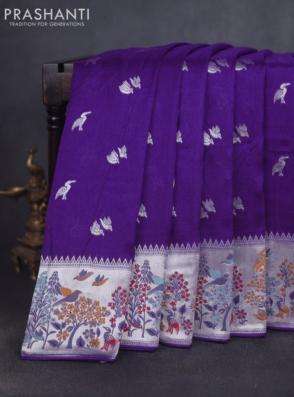 Banarasi raw silk saree violet with silver zari woven buttas and silver zari woven border