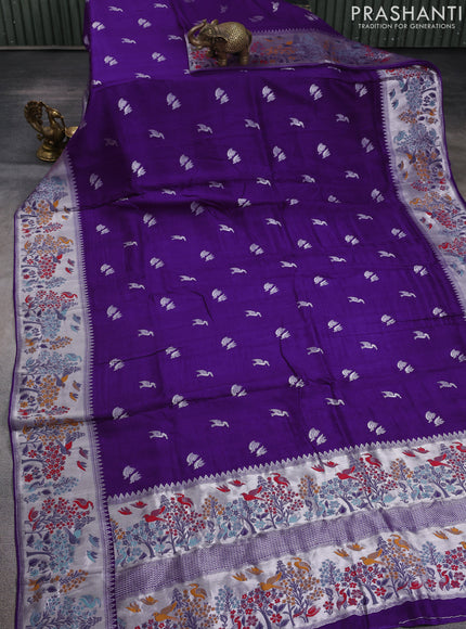 Banarasi raw silk saree violet with silver zari woven buttas and silver zari woven border