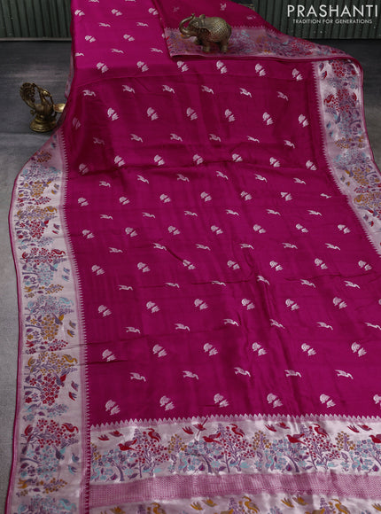 Banarasi raw silk saree pink with silver zari woven buttas and silver zari woven border