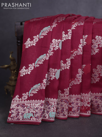 Banarasi raw silk saree red with allover thread & silver zari weaves and elephant design silver zari woven border