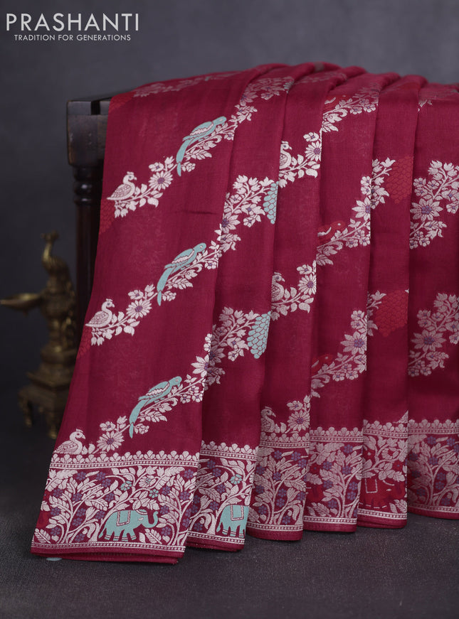 Banarasi raw silk saree red with allover thread & silver zari weaves and elephant design silver zari woven border