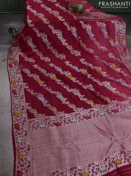 Banarasi raw silk saree red with allover thread & silver zari weaves and elephant design silver zari woven border