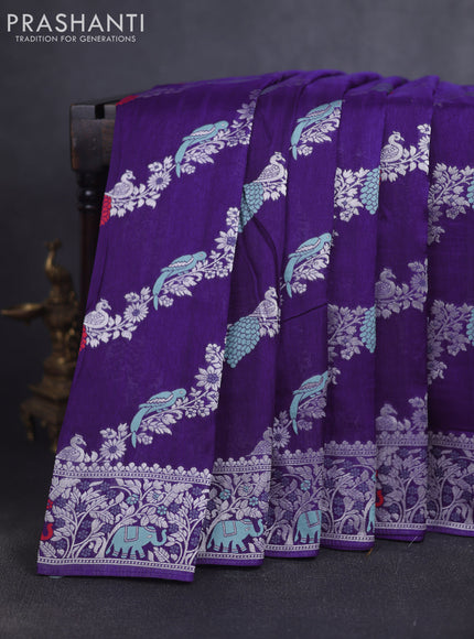 Banarasi raw silk saree violet with allover thread & silver zari weaves and elephant design silver zari woven border