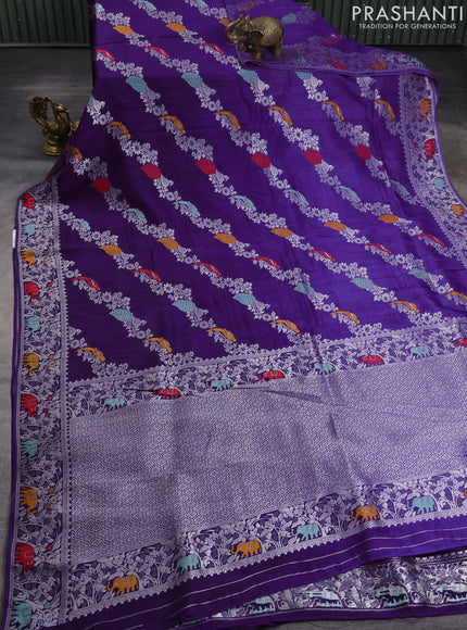 Banarasi raw silk saree violet with allover thread & silver zari weaves and elephant design silver zari woven border