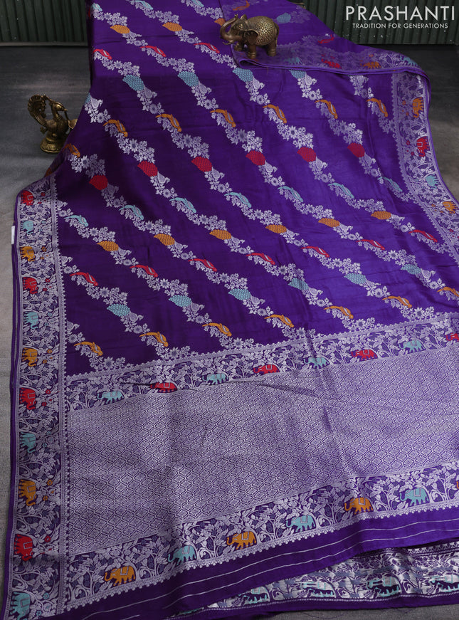 Banarasi raw silk saree violet with allover thread & silver zari weaves and elephant design silver zari woven border