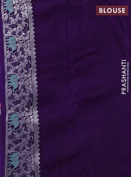 Banarasi raw silk saree violet with allover thread & silver zari weaves and elephant design silver zari woven border