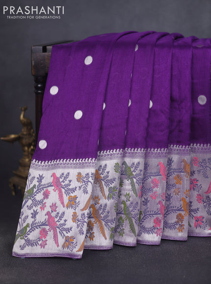 Banarasi raw silk saree violet with silver zari woven geometric buttas and long silver zari woven border