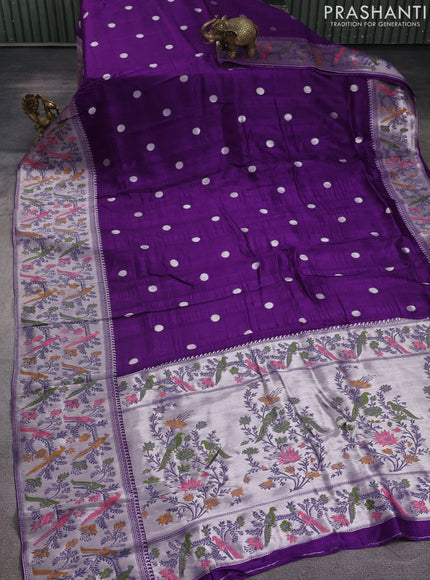 Banarasi raw silk saree violet with silver zari woven geometric buttas and long silver zari woven border