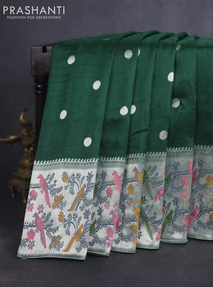 Banarasi raw silk saree dark green with silver zari woven geometric buttas and long silver zari woven border