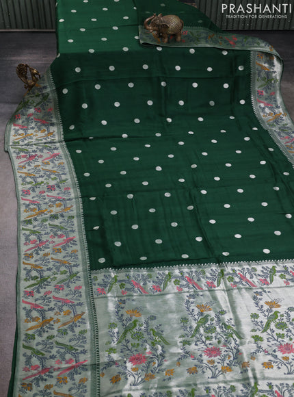 Banarasi raw silk saree dark green with silver zari woven geometric buttas and long silver zari woven border